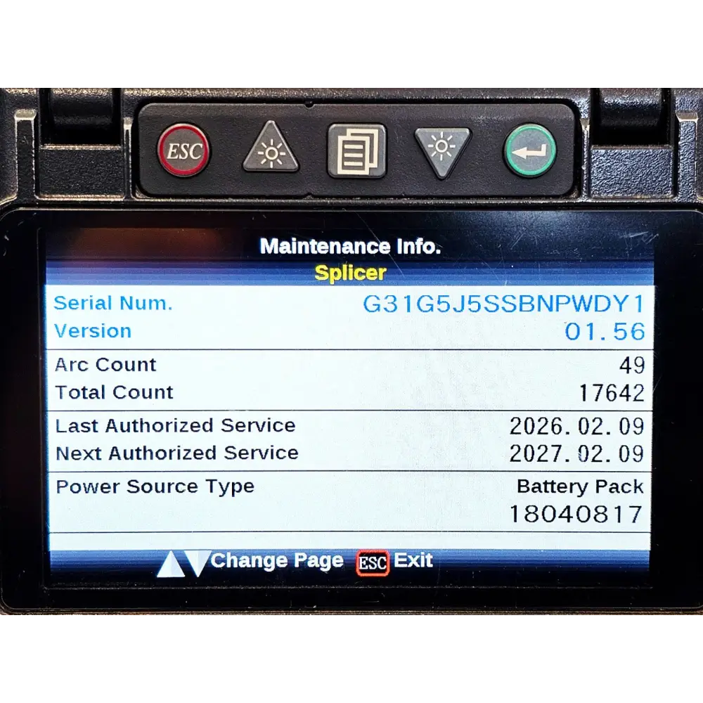 Fujikura 62S+ splicer label showing ARC count and EU licence details