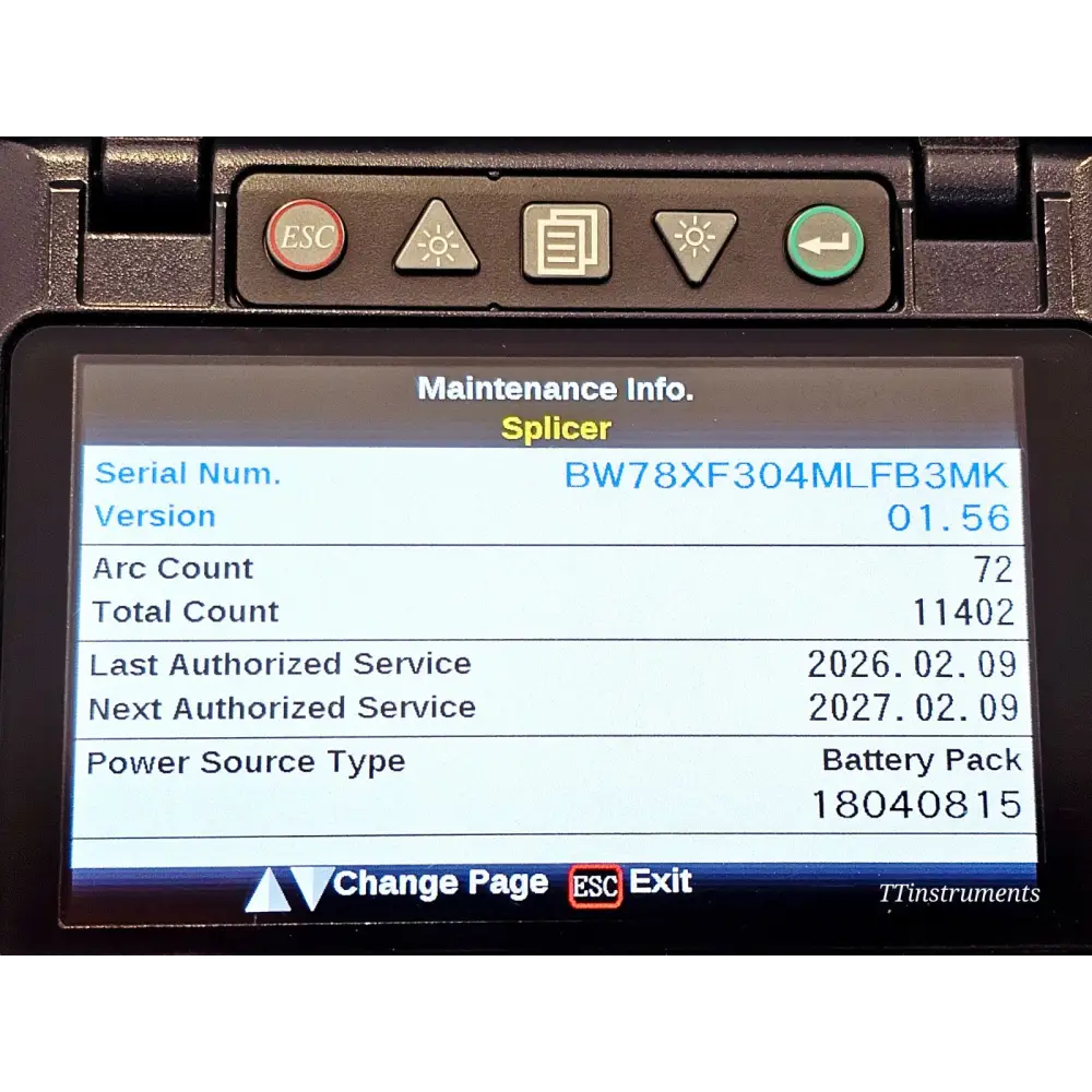 Fujikura FSM-62S+ maintenance screen showing arc count 11402, firmware v01.56, service dates Feb 2026 and Feb 2027
