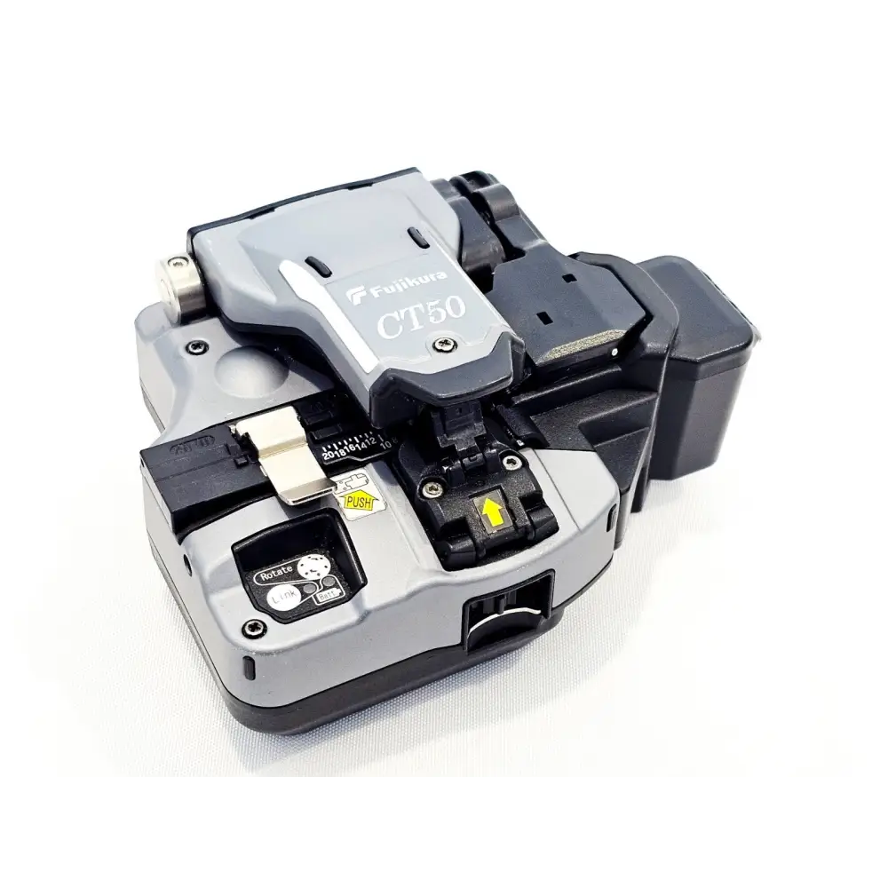 Fujikura 62S+ fusion splicer side and top view showing rugged housing and wind protector