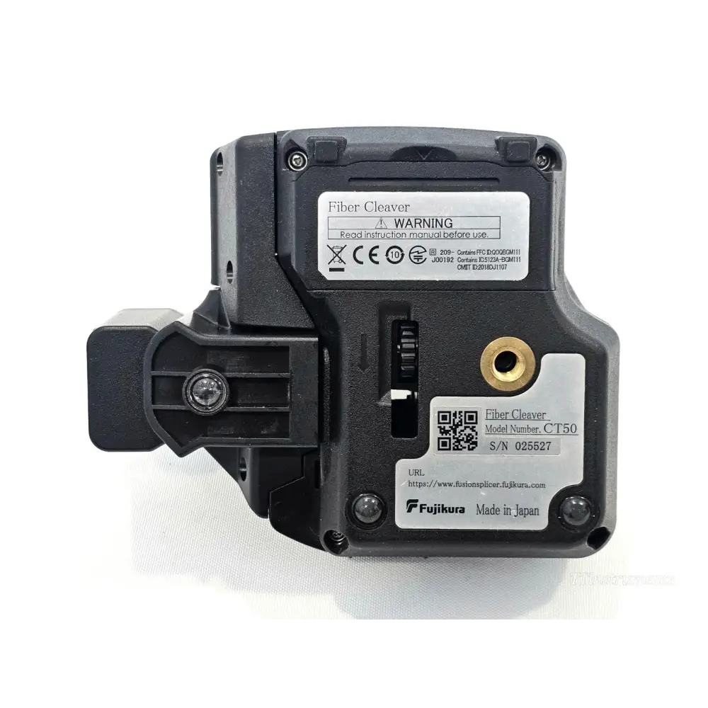 Close-up of Fujikura 62S+ splicer label showing EU licence and serviced status