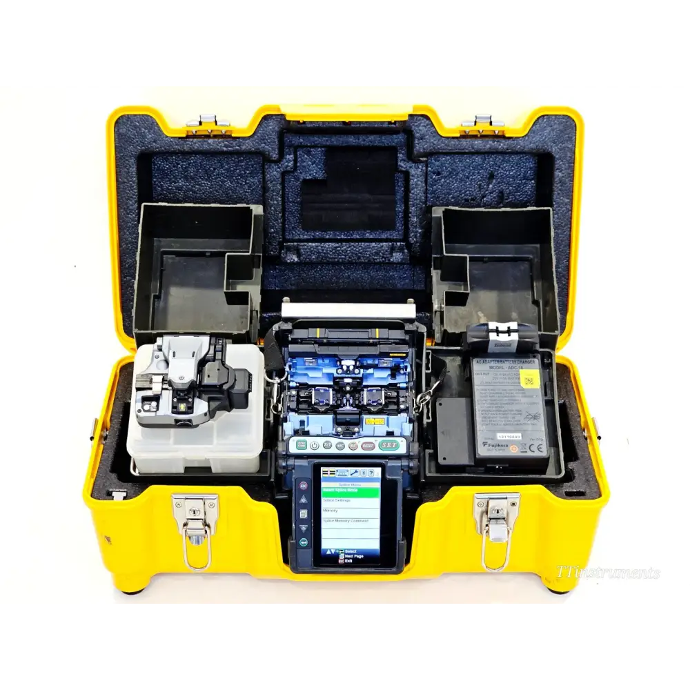 Refurbished Fujikura 70S+ fiber optic fusion splicer front view with wind protector closed