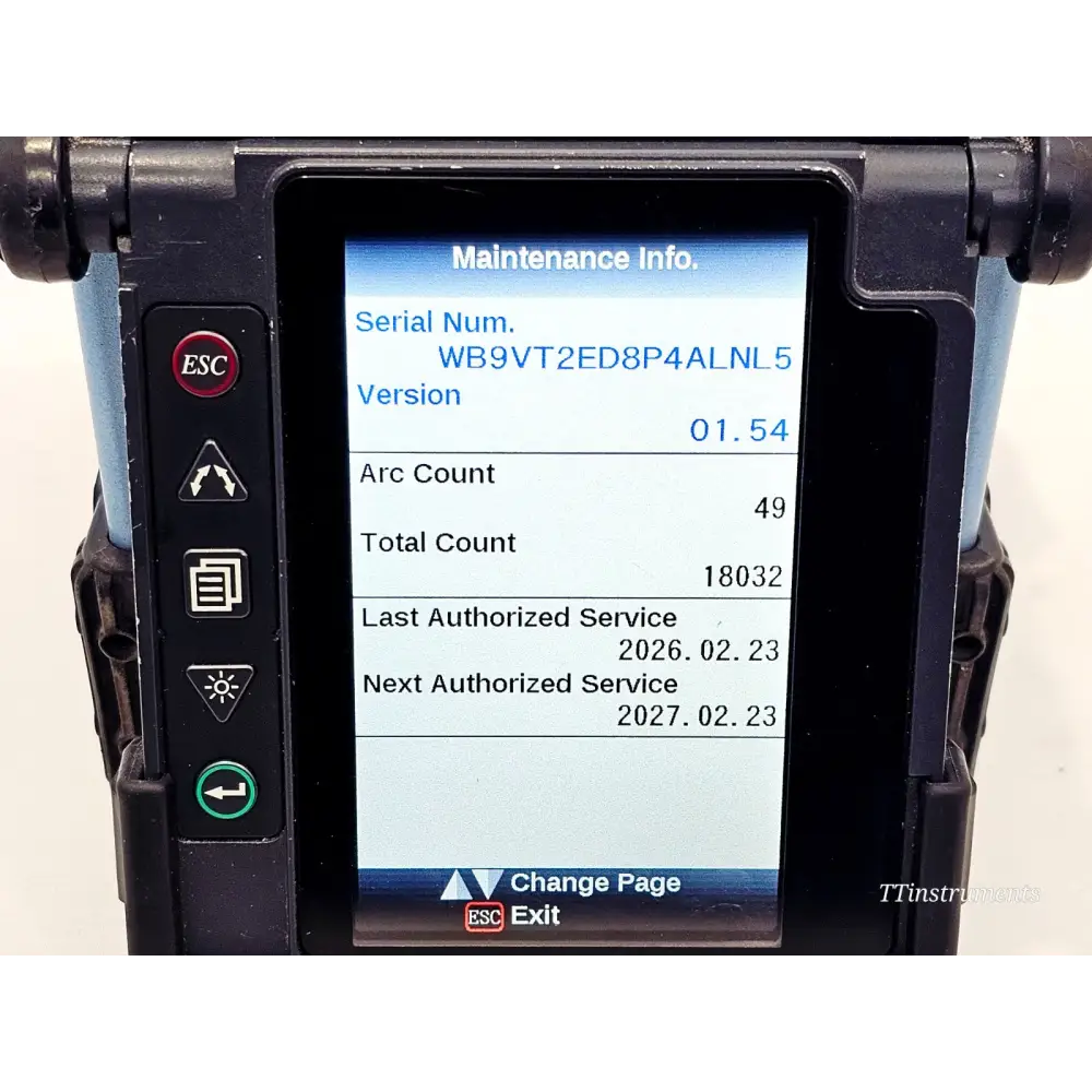 Fujikura FSM-70S maintenance info screen showing firmware v01.54, arc count 49, total 18032, serviced Feb 2026