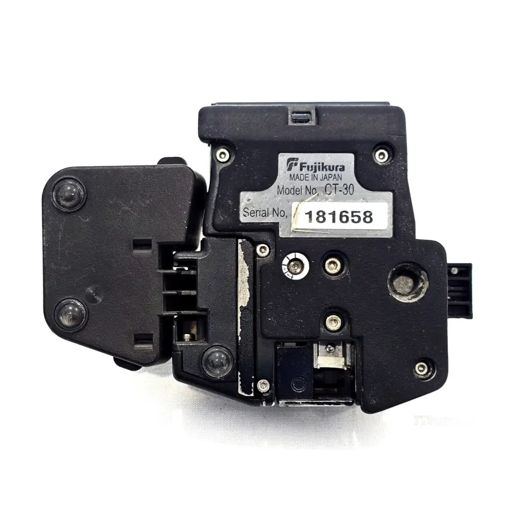 Fujikura CT-30 High Precision Cleaver underside showing serial number label 181658 and Made in Japan marking
