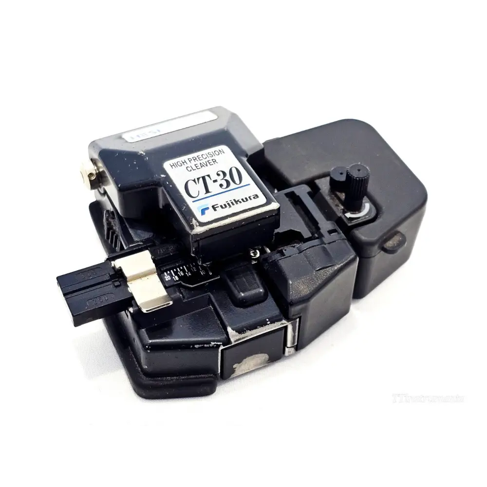 Fujikura CT-30 High Precision Cleaver front view with guide plate attached and blade adjustment scale visible