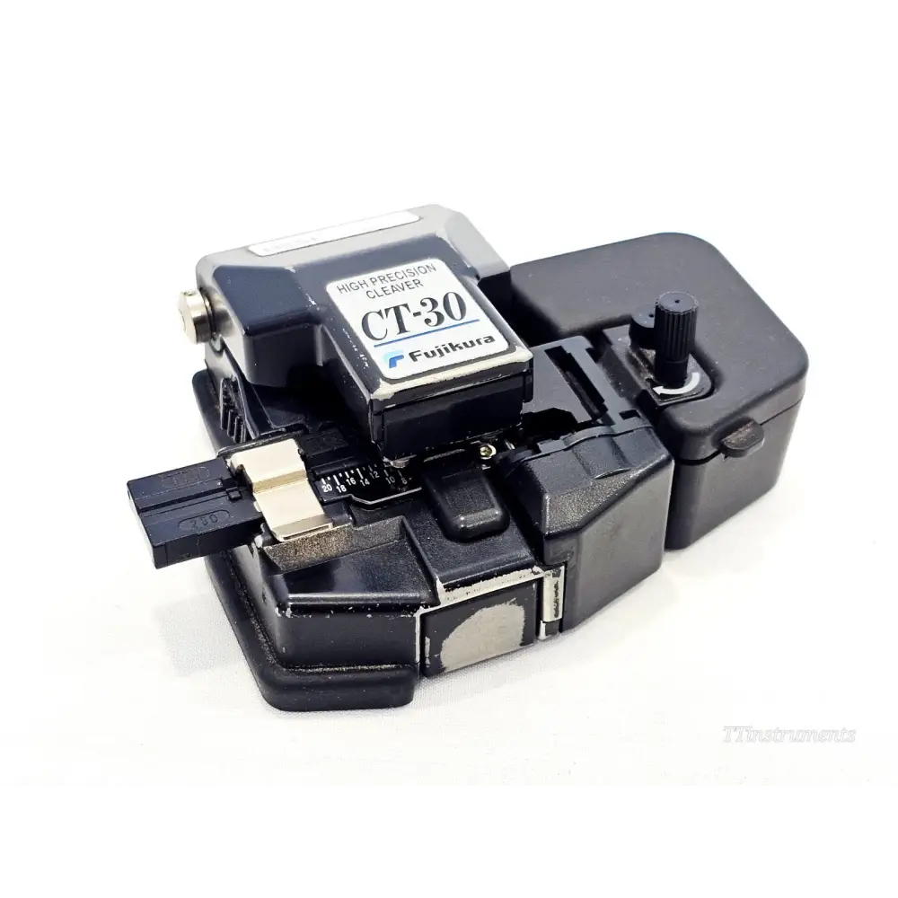 Fujikura CT-30 high precision fibre cleaver front view showing blade mechanism, guide plate and scrap collector
