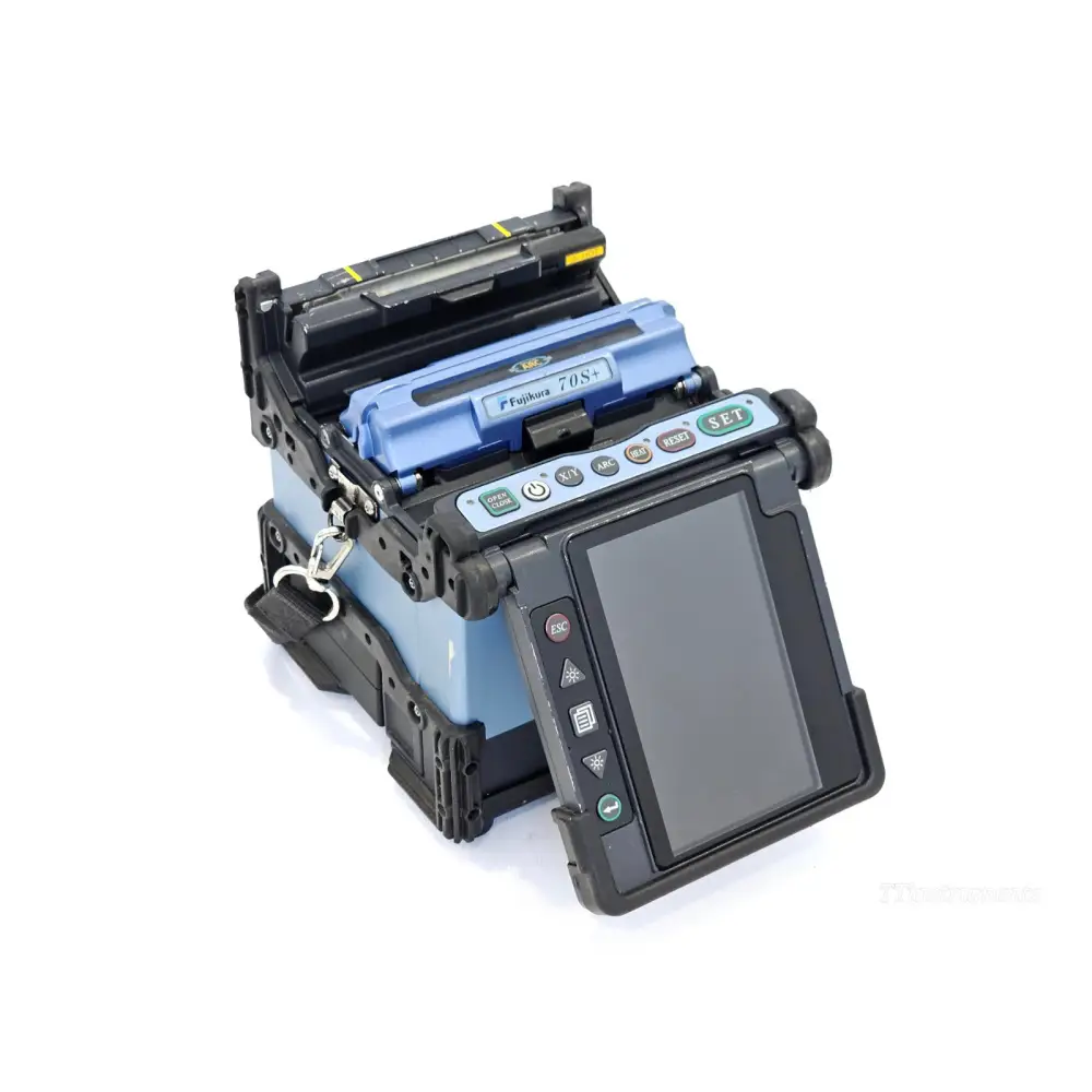 Fujikura 70S+ fusion splicer side profile showing control buttons and clamshell heater