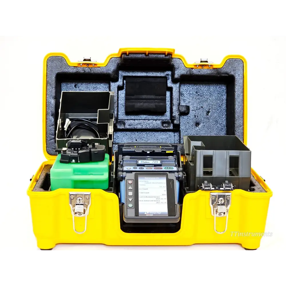 Fujikura 70S fusion splicer front view showing LCD monitor and electrode assembly