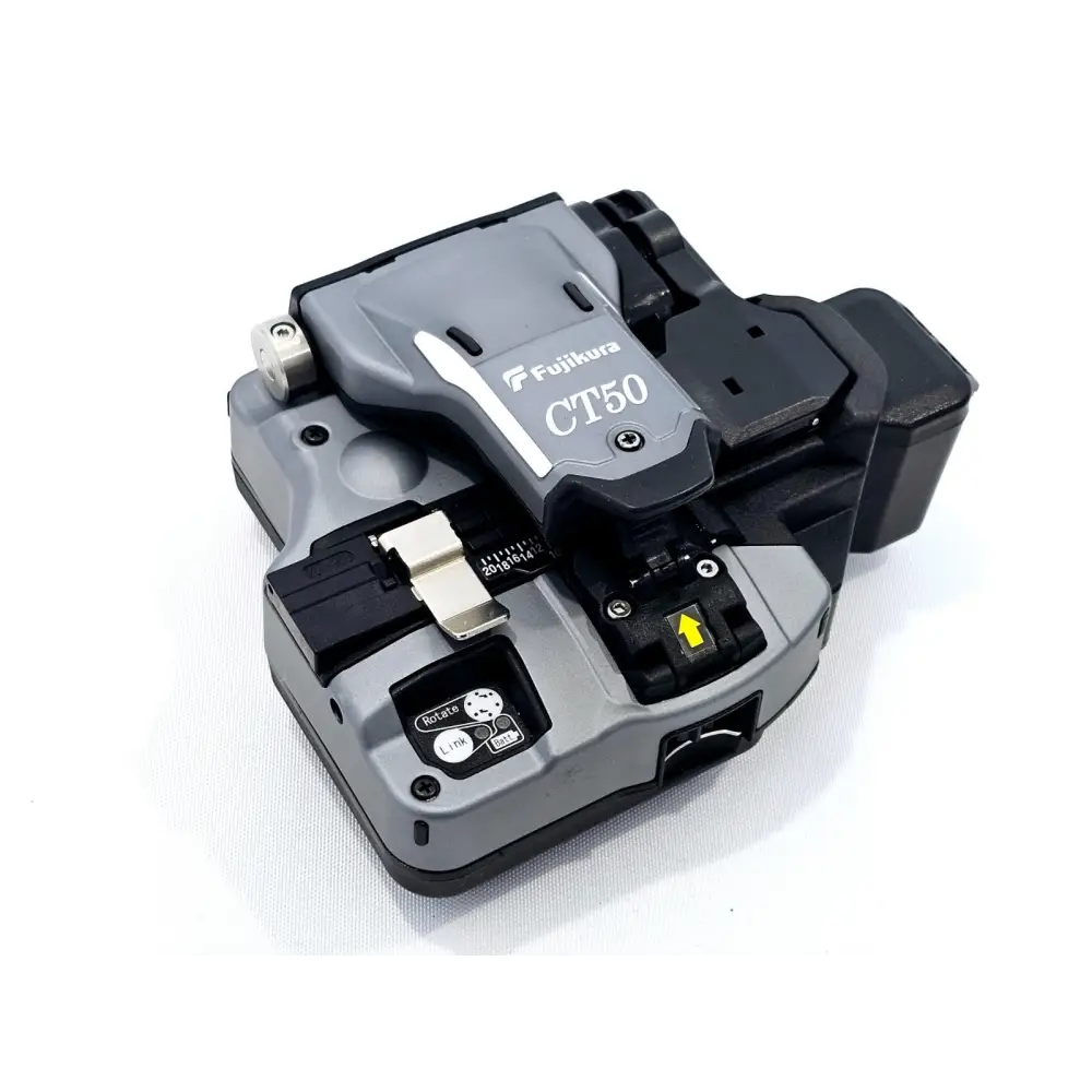 Fujikura 90S+ fusion splicer side view showing USB and power connector ports