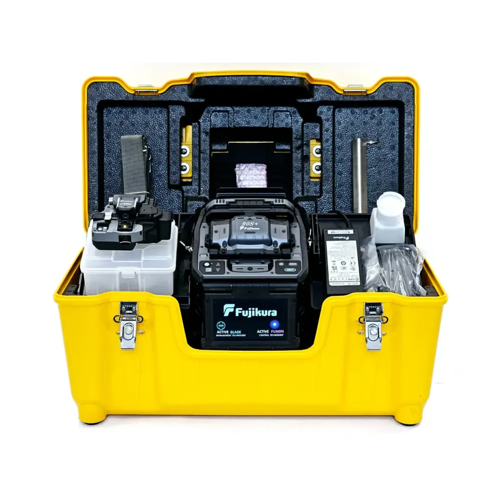 Fujikura 90S+ fibre optic fusion splicer front view with touchscreen display and open wind protector