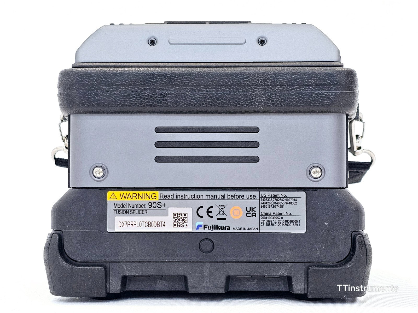 Fujikura 90S+ fusion splicer side view showing USB and interface ports