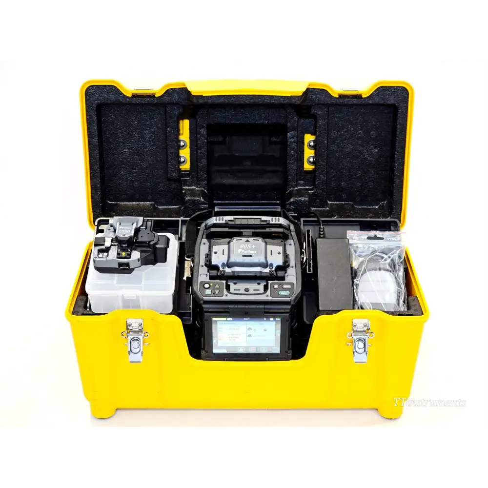 Fujikura 90S+ fibre optic fusion splicer front view showing touchscreen display