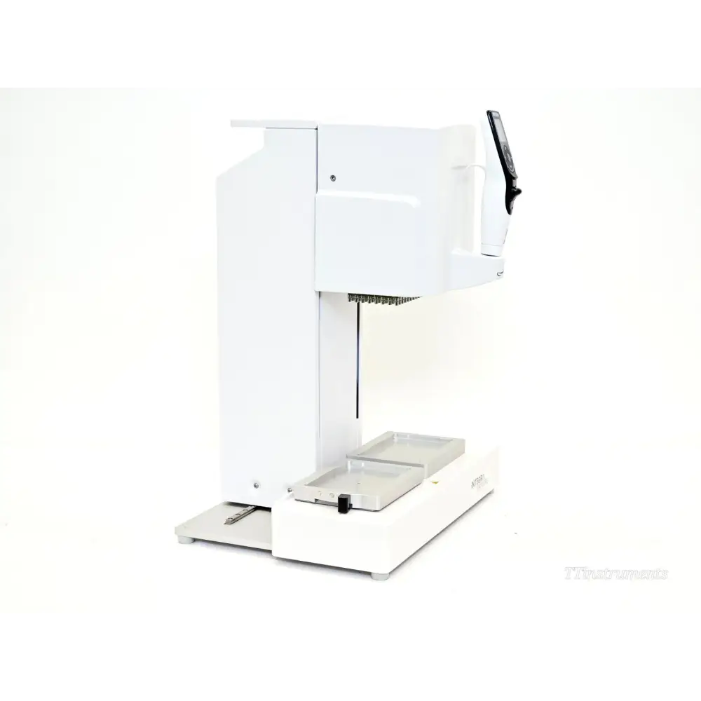 INTEGRA VIAFLO 96 left-side view showing 96-channel pipetting head array, control unit handle and plate deck