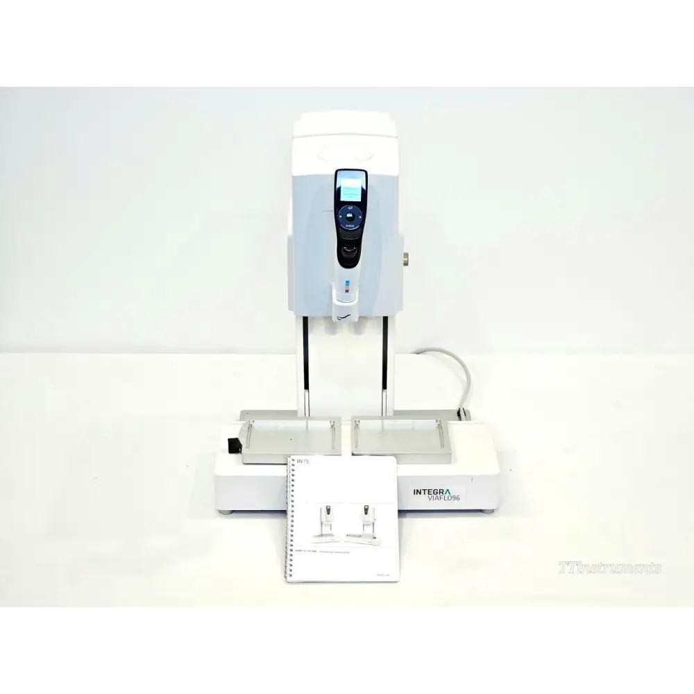 INTEGRA VIAFLO 96 96-channel pipette front view with 300µl head, base unit, plate holders, and spiral-bound manual