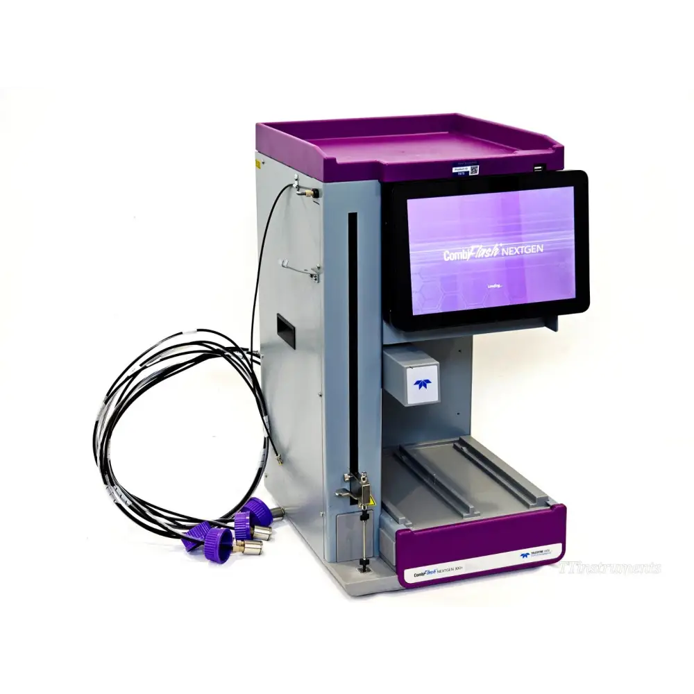 Teledyne ISCO CombiFlash NextGen 300+ UV chromatography system front-right view, touchscreen loading, solvent tubing