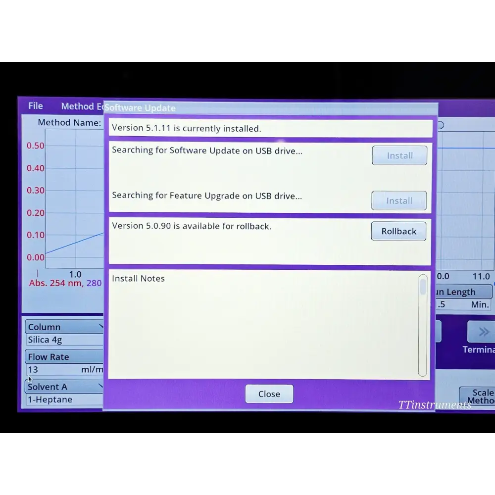 CombiFlash NextGen 300+ PeakTrak software update screen confirming firmware version 5.1.11 currently installed