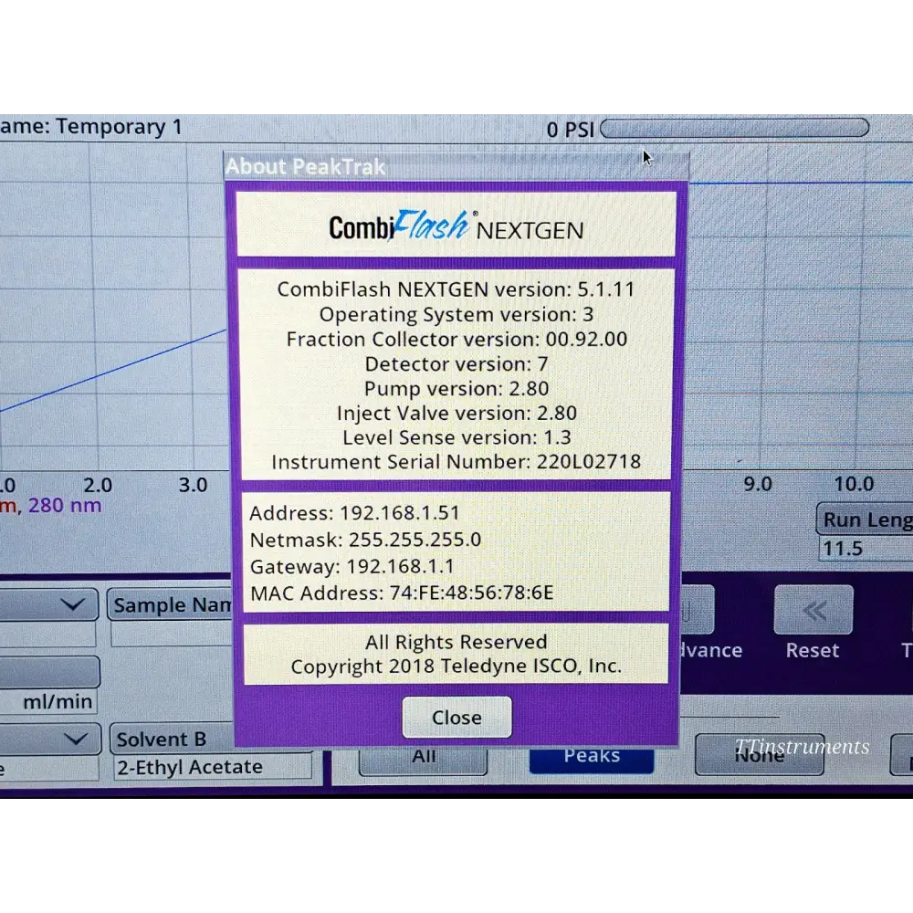 CombiFlash NextGen 300+ PeakTrak About screen showing firmware v5.1.11, serial number 220L02718