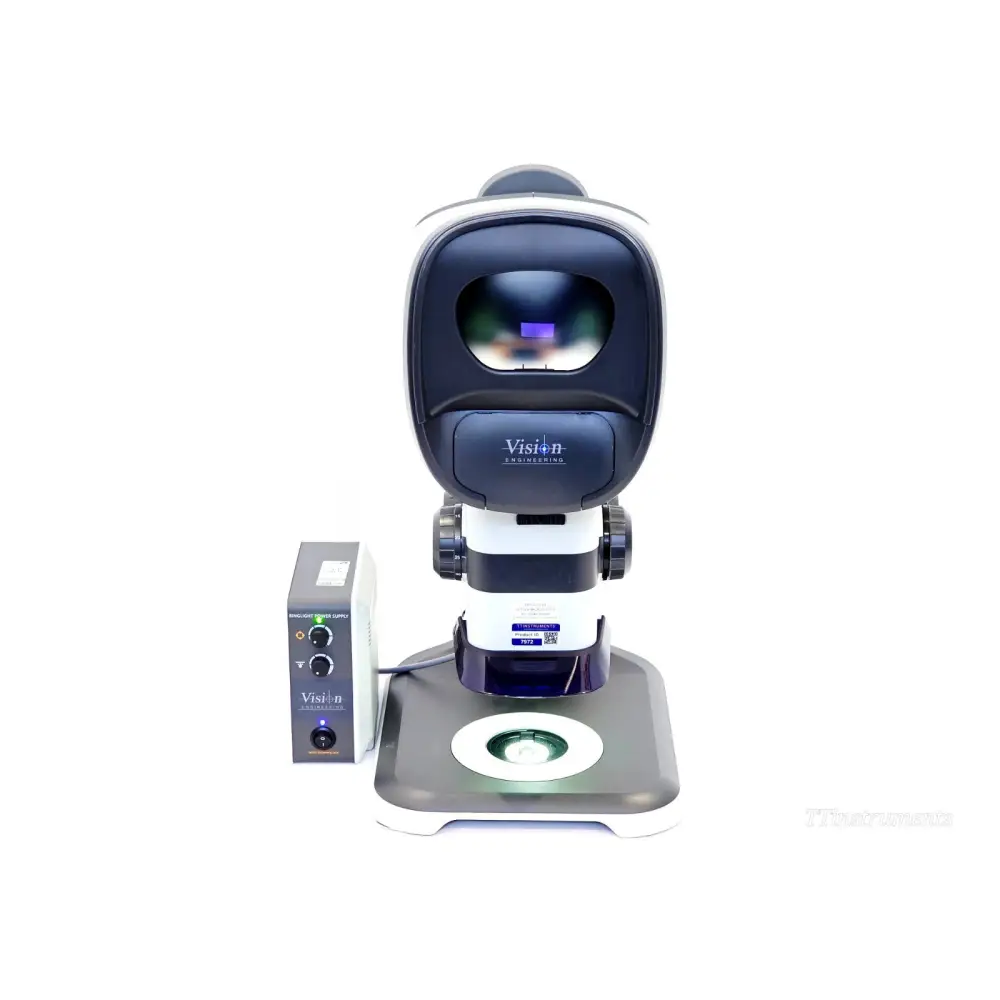 Vision Engineering Lynx EVO ergonomic stereo zoom microscope front view with ring light attached