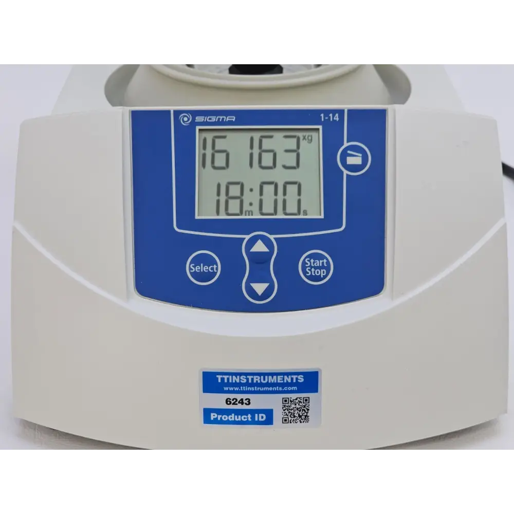 Sigma 1-14 centrifuge 10014 manufacturer label showing model and serial information