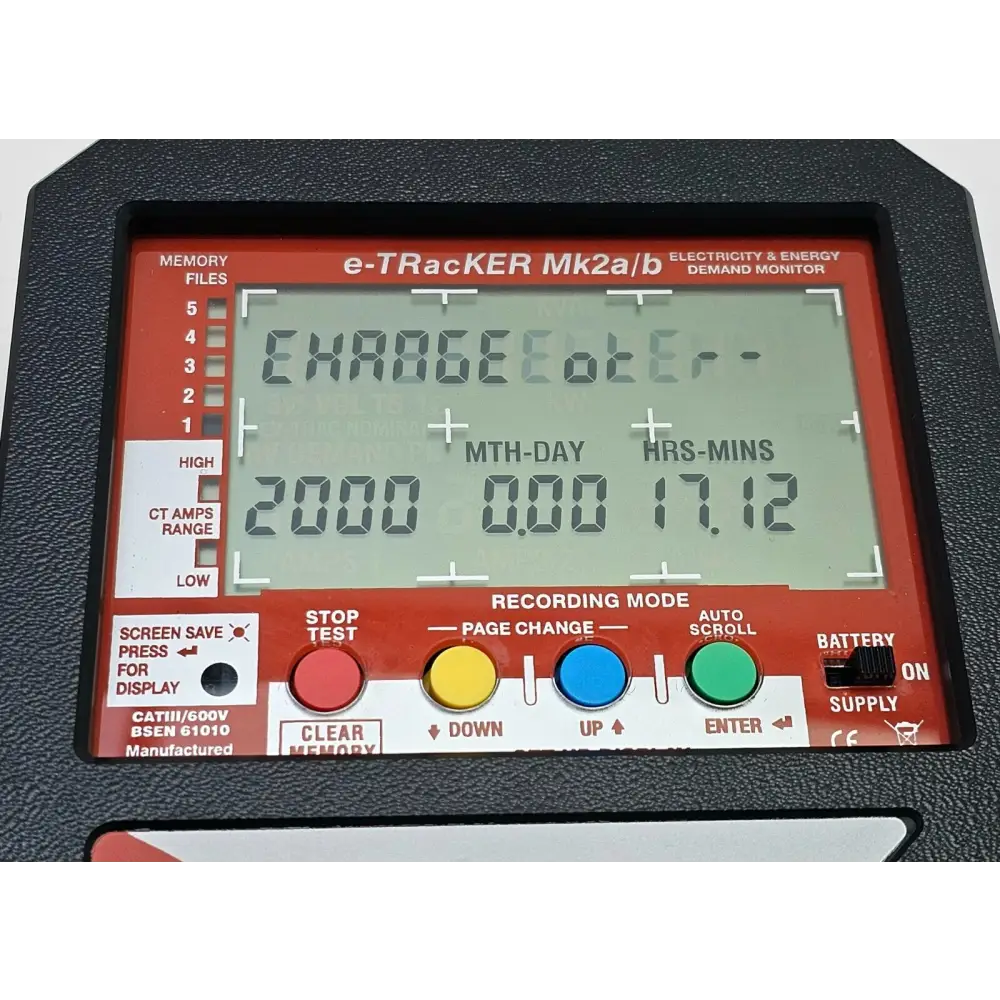 Sinergy e-TRacKER Mk2 energy monitor display showing kWh and demand readings