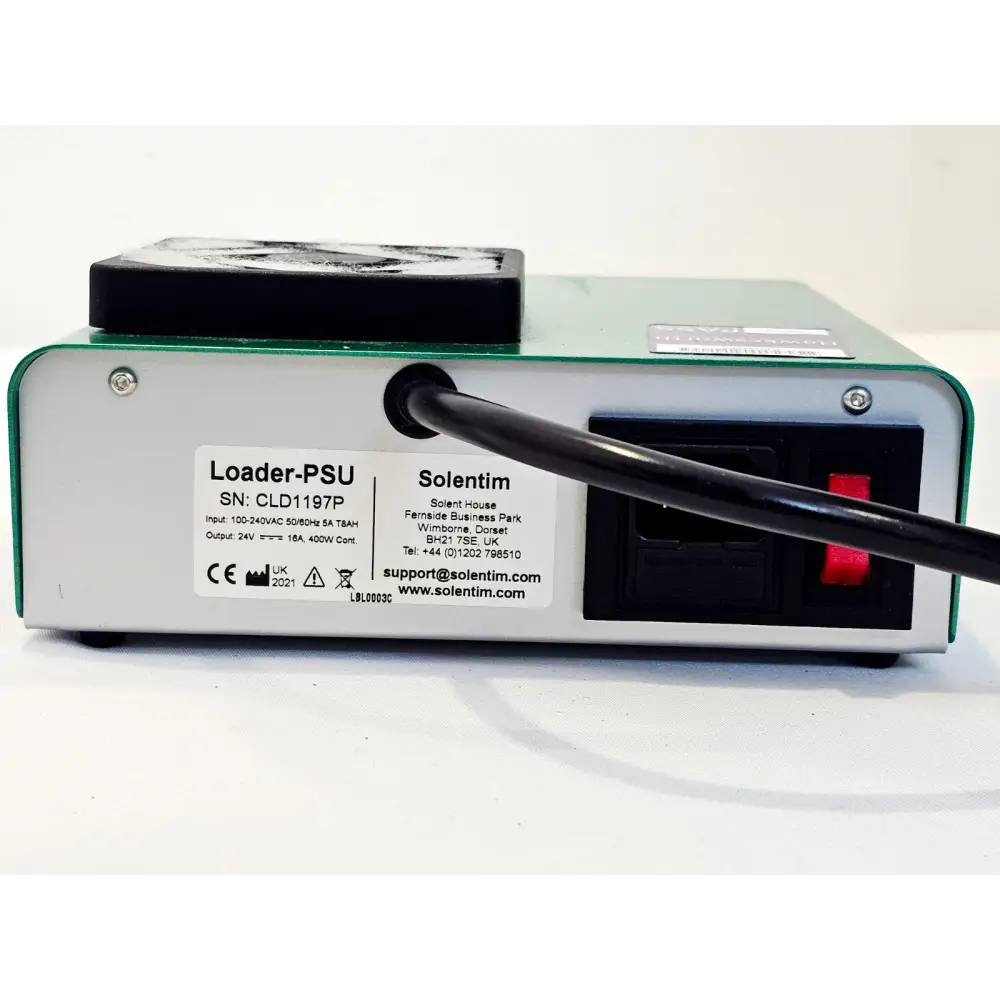 Solentim Loader-PSU label showing SN CLD1197P, 100-240VAC input, 24V 400W output, CE and UKCA markings