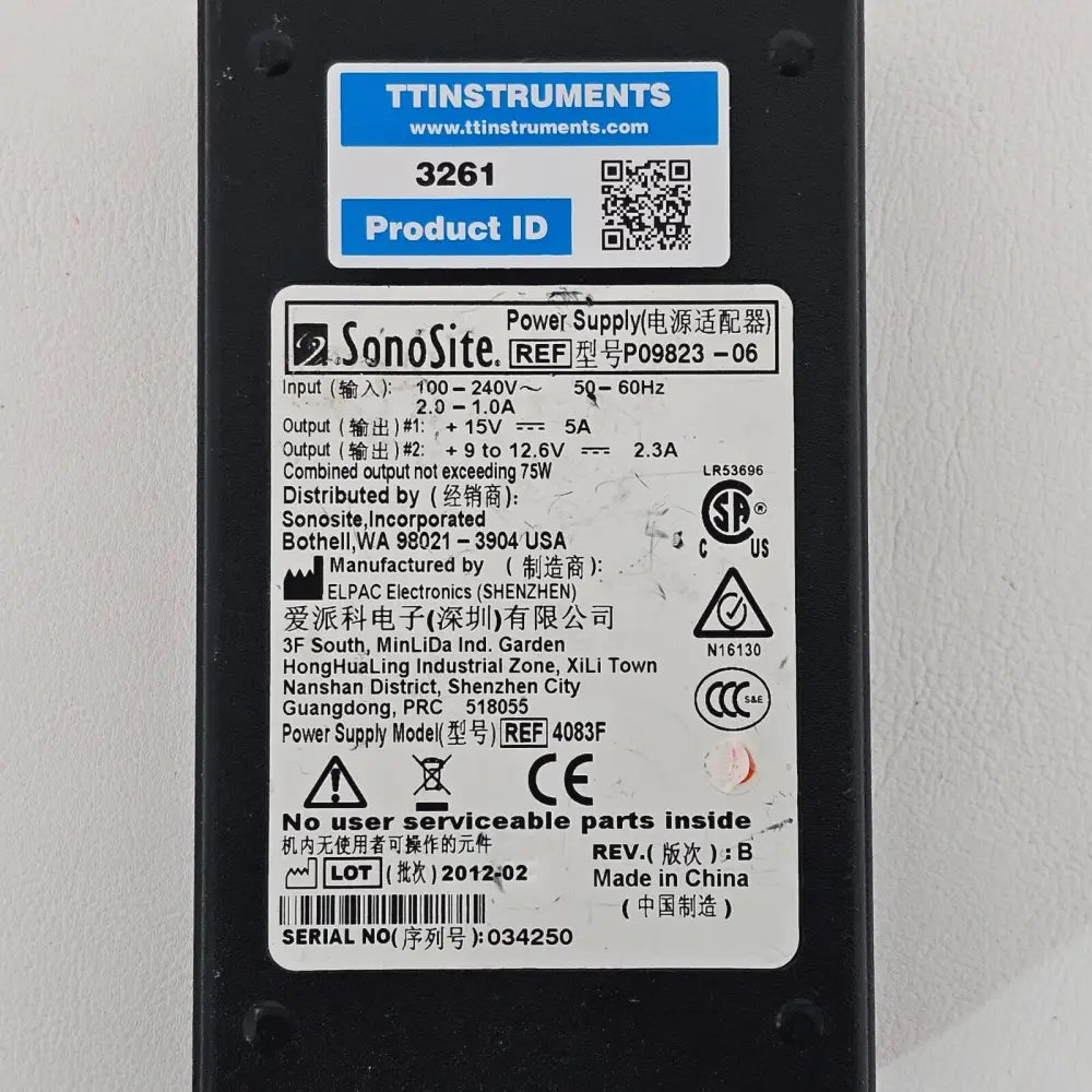 SonoSite P09823-06 power adapter label showing part number and electrical specifications