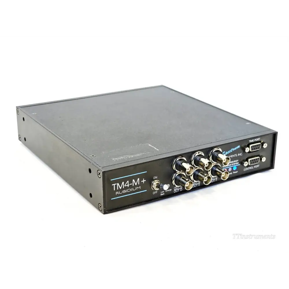 Spectrum Instruments TM4-M+ Rubidium front panel angled view showing BNC outputs, power switch, Time Port and Control Port