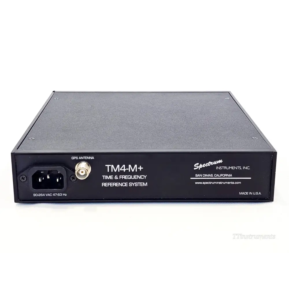 Spectrum Instruments TM4-M+ rear panel showing GPS antenna BNC input, IEC mains inlet 90-264 VAC and product label