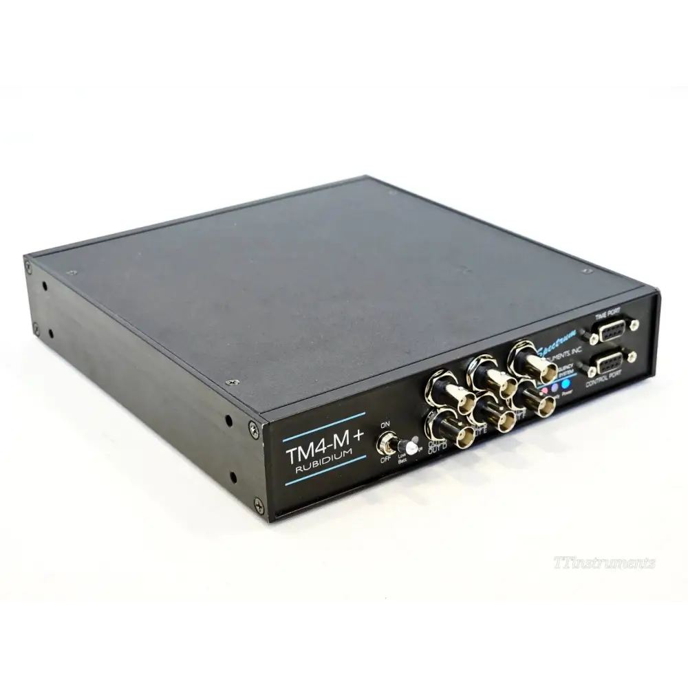 Spectrum Instruments TM4-M+ Rubidium front and top panel view showing BNC outputs and ON/OFF switch