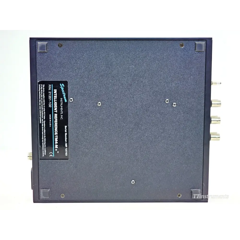 TM4-M+ Rubidium base label showing P/N 21351-102 serial number MP 18755 and CE marking with BNC connectors visible
