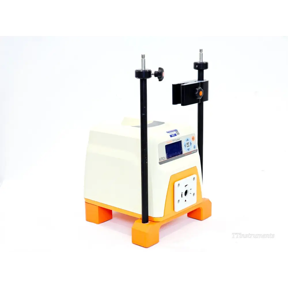 KrosFlo KR2i TFF System left-side angle view showing orange base, module stand rods and clamp assembly