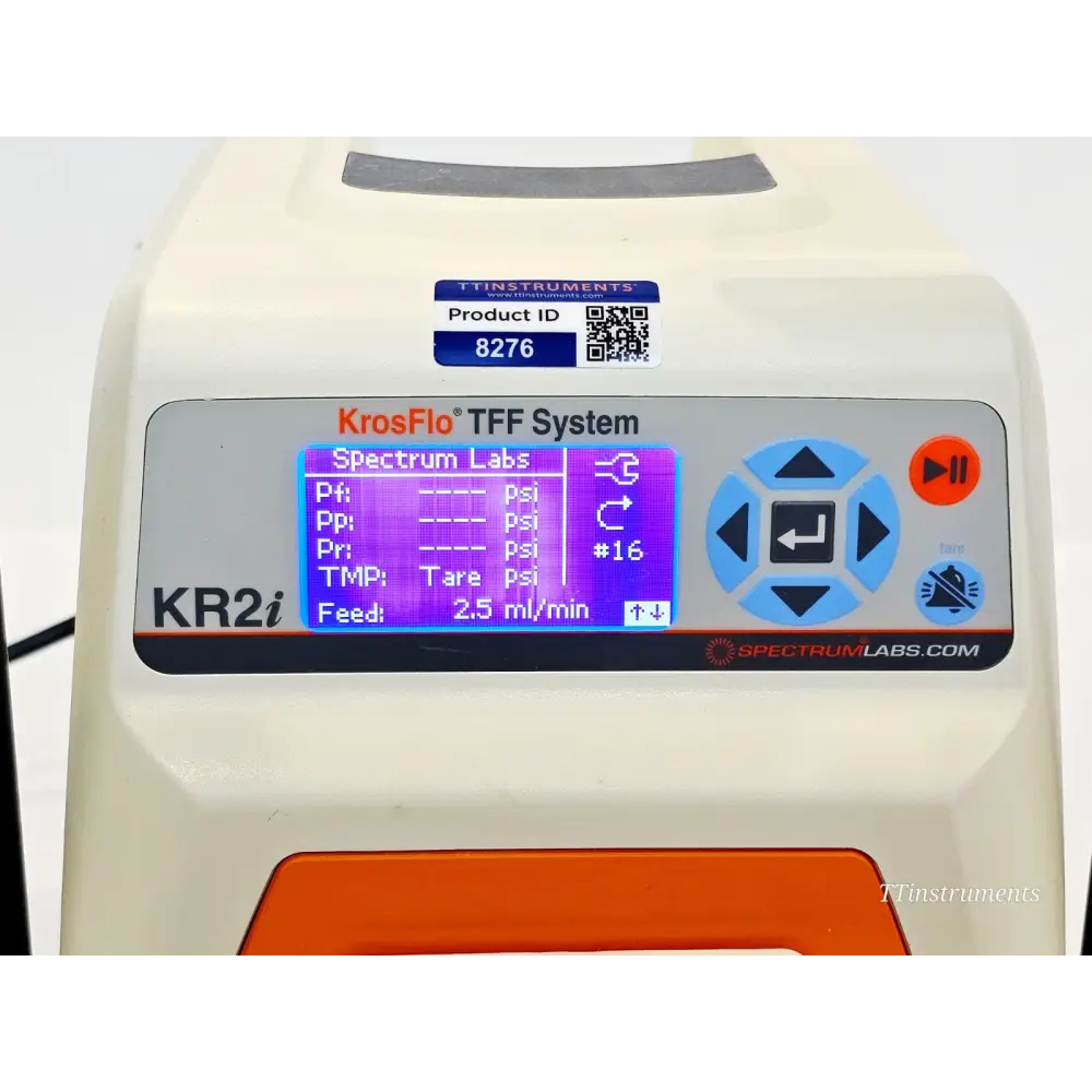 KrosFlo KR2i LCD operating screen displaying Pf, Pp, Pr, TMP pressure readings and feed rate 2.5 ml/min