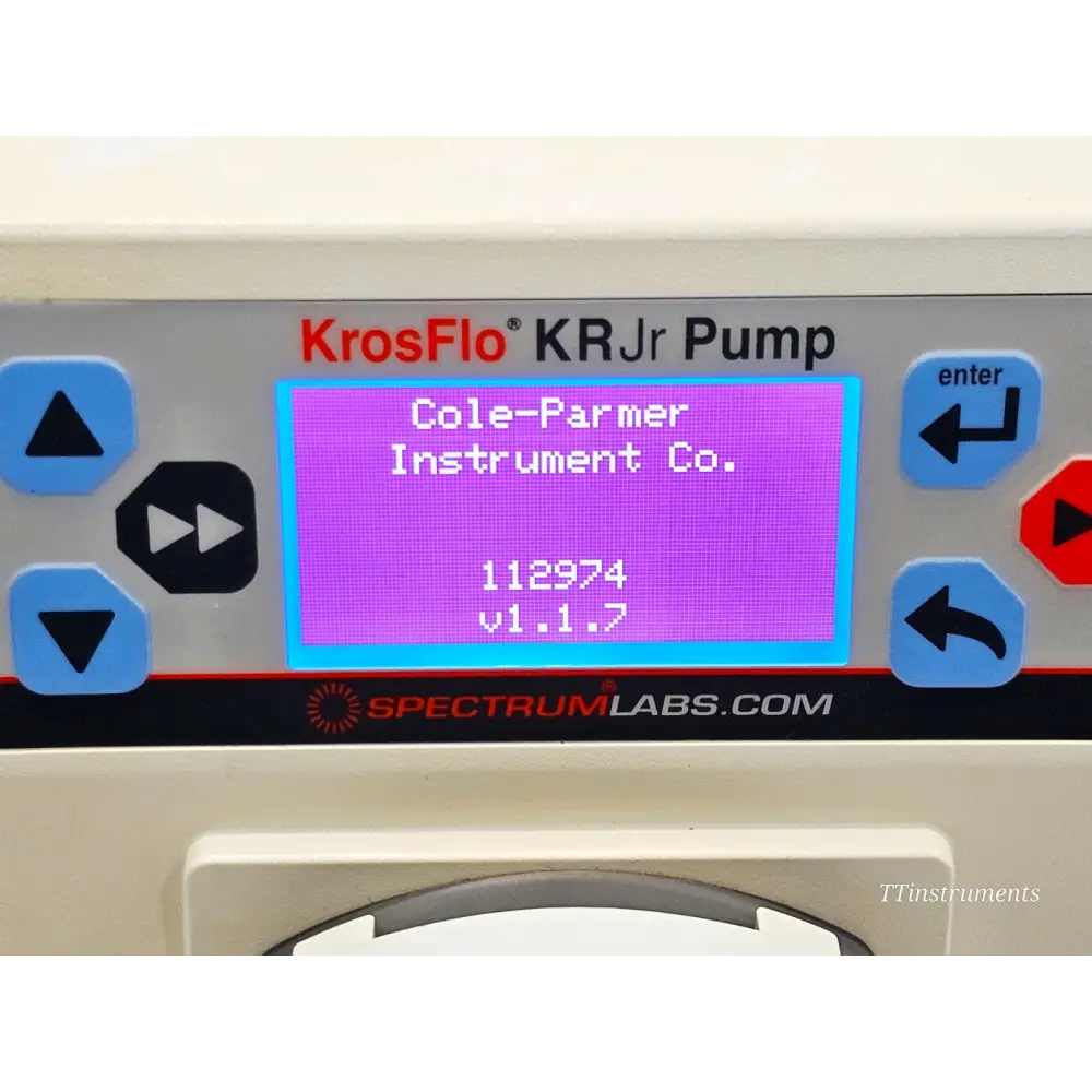 KrosFlo KRJr Pump LCD startup screen displaying Cole-Parmer Instrument Co. firmware version v1.1.7