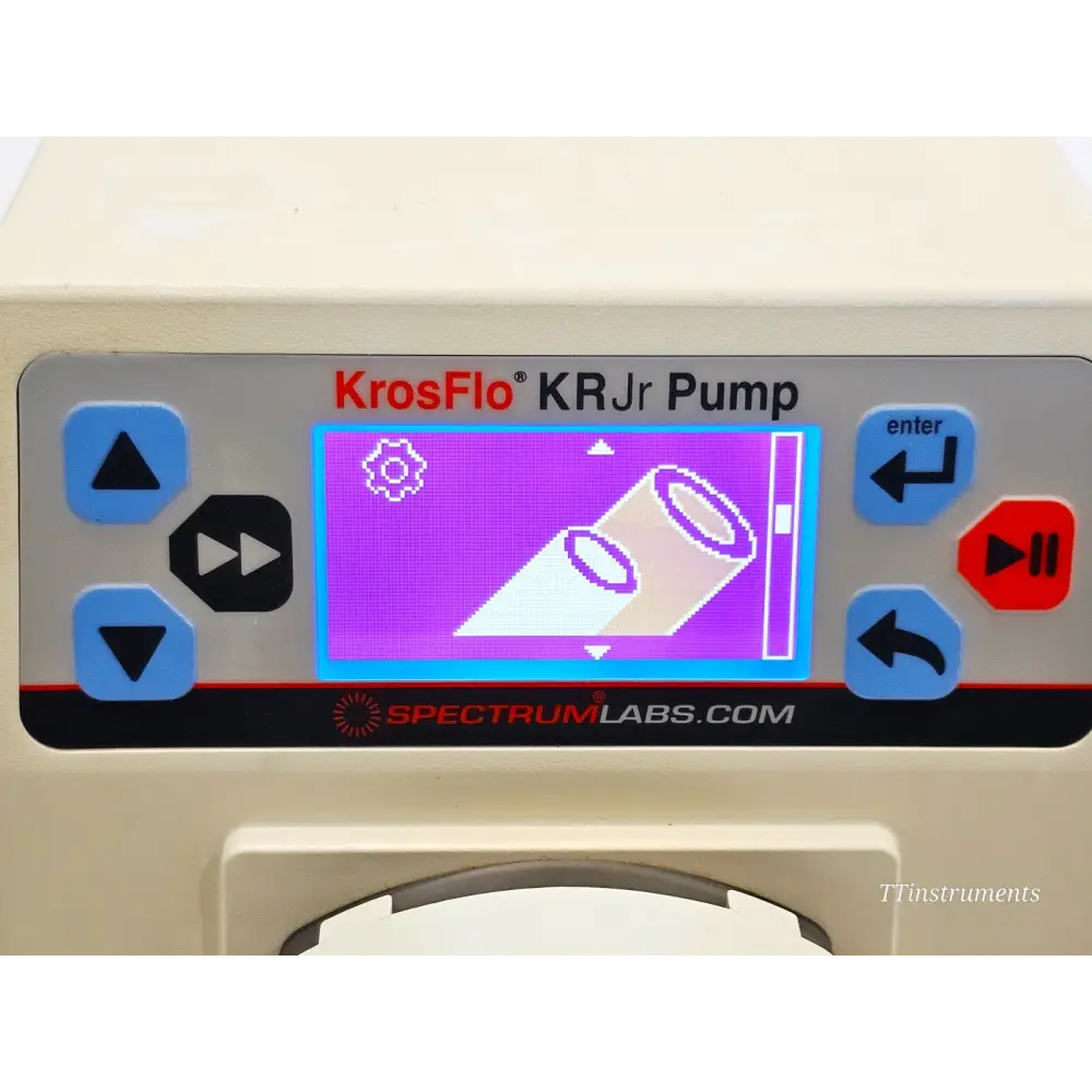 KrosFlo KRJr Pump LCD menu screen showing tubing selection graphic for L/S tubing size configuration