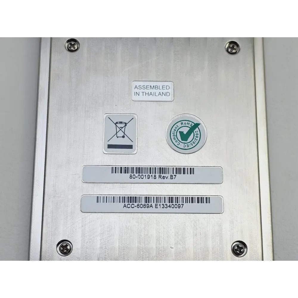 Spirent ACC-6069A underside label showing serial number E13340097, PCB rev 80-001918 Rev B7 and RoHS mark