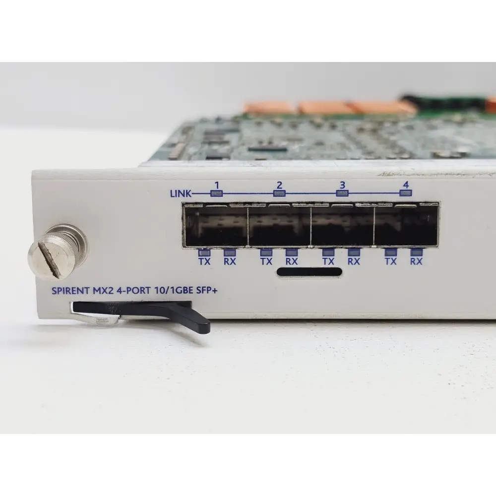Spirent MX2-10G-S4 faceplate close-up showing 4 x SFP+ ports labelled LINK 1–4 with TX/RX indicators