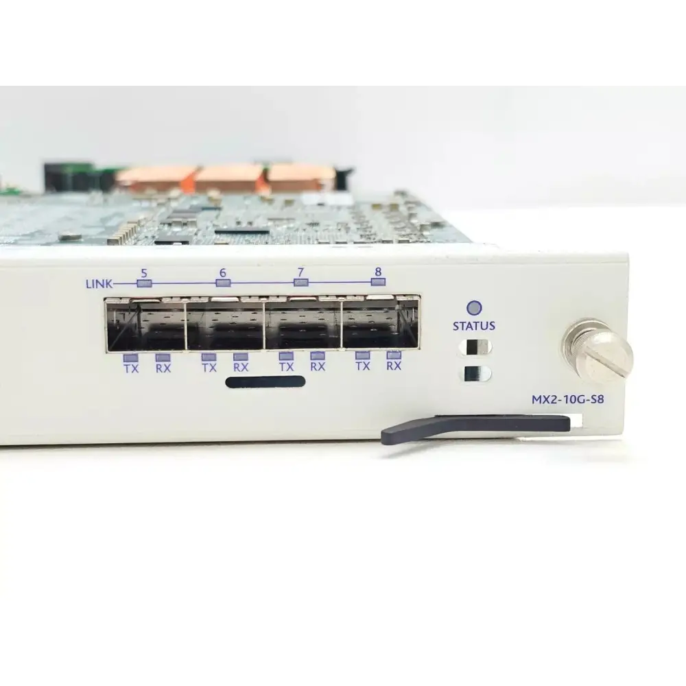 Full overhead view of Spirent SPT-N4U-220 chassis and MX2-10G-S8 module laid out together