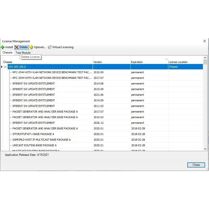 Spirent SPT-N4U licence screen showing RFC-2544, KP4, TSN and L1 active licences