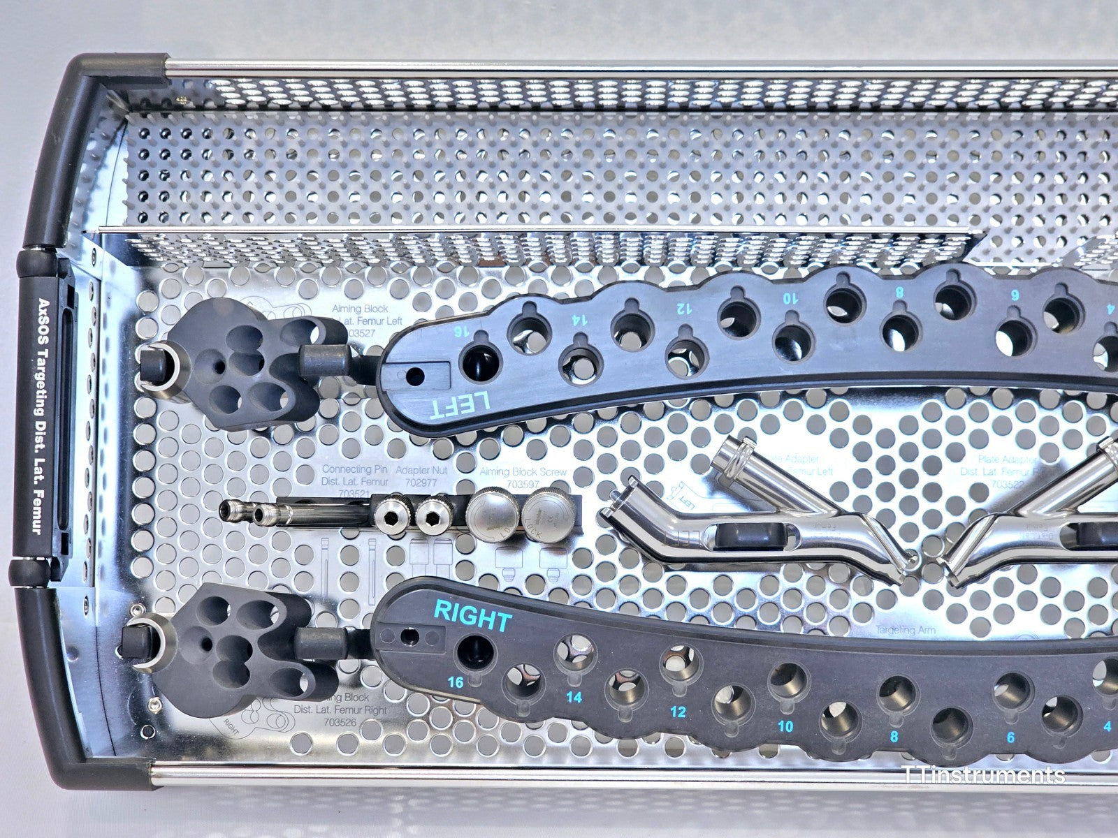 Stryker AxSOS Distal Lateral Femur Targeter tray top view — LEFT aiming block, RIGHT aiming block, connecting pins, adapter nuts, aiming block screws, and plate adapters in tray