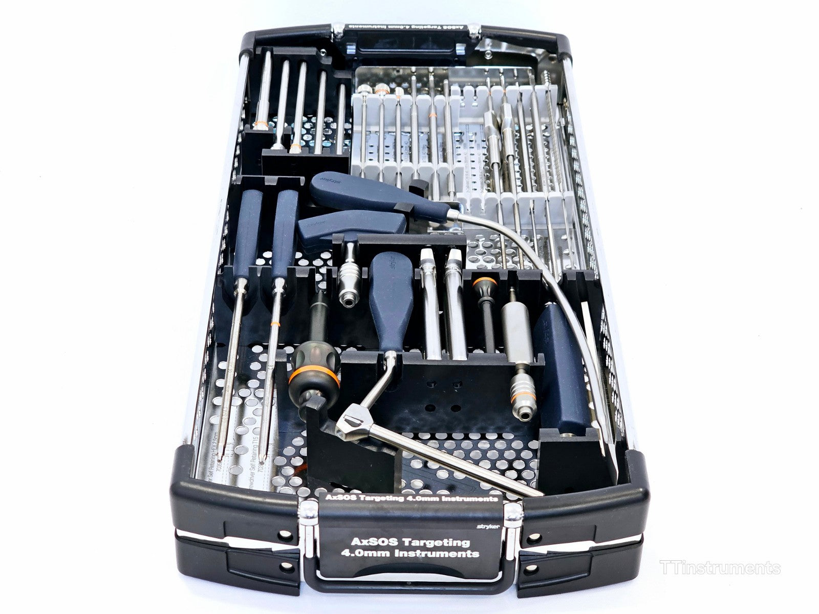 Stryker AxSOS Targeting 4.0mm Instruments Set — angled front view showing tray label, T-handles, tissue protection sleeves and frame fixators