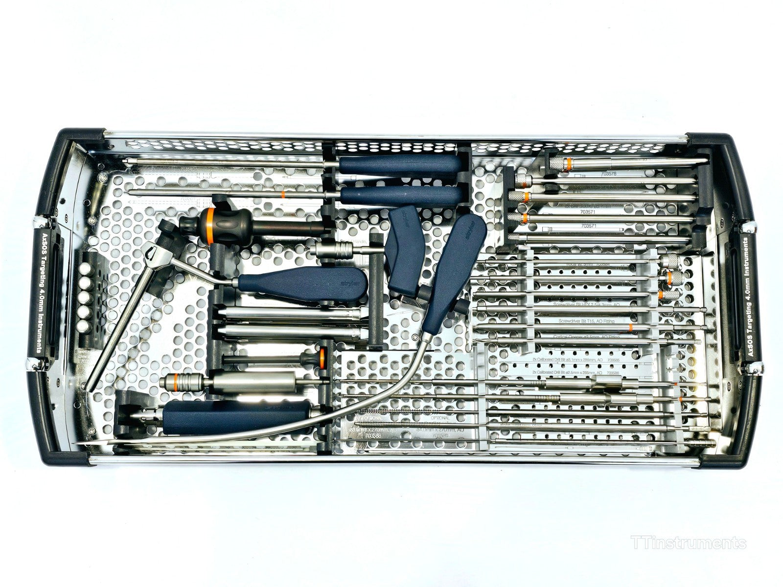 Stryker AxSOS Targeting 4.0mm Instruments Set — top-down view showing labelled instrument holders with drill bits, screwdriver bits and taps