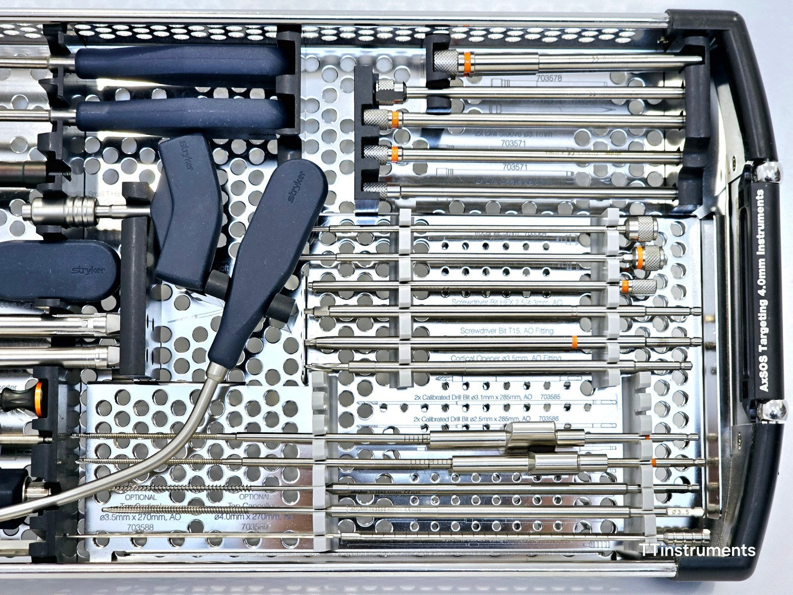 Stryker AxSOS Targeting 4.0mm Instruments Set — close-up of right side showing labelled drill sleeves, taps (703585, 703586, 703588, 703589) and screwdriver bits