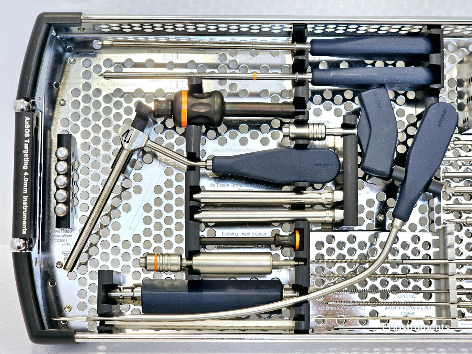 Stryker AxSOS Targeting 4.0mm Instruments Set — close-up of left side showing torque limiter, locking insert inserter, sleeve fixation screws and tissue protection sleeves