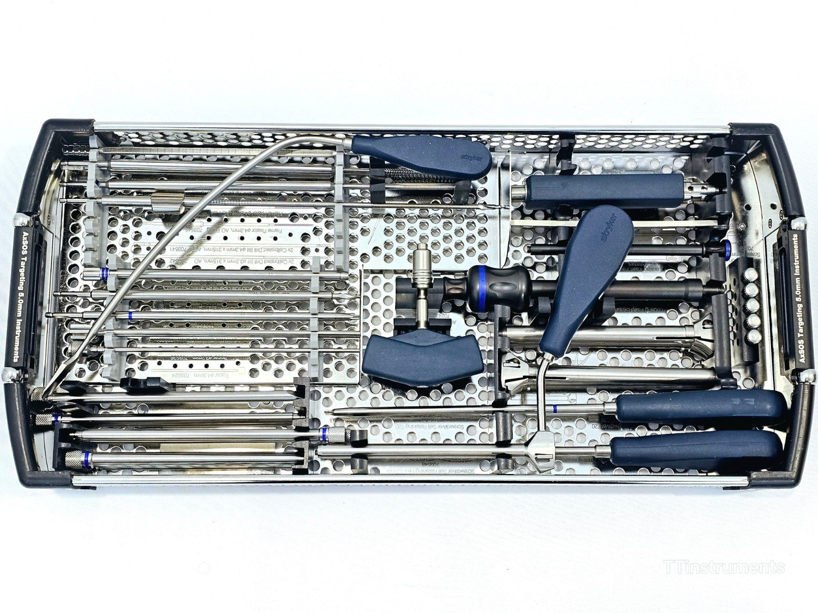 Stryker AxSOS 5.0mm instrument tray overhead view showing taps, drill sleeves, screwdrivers and part labels