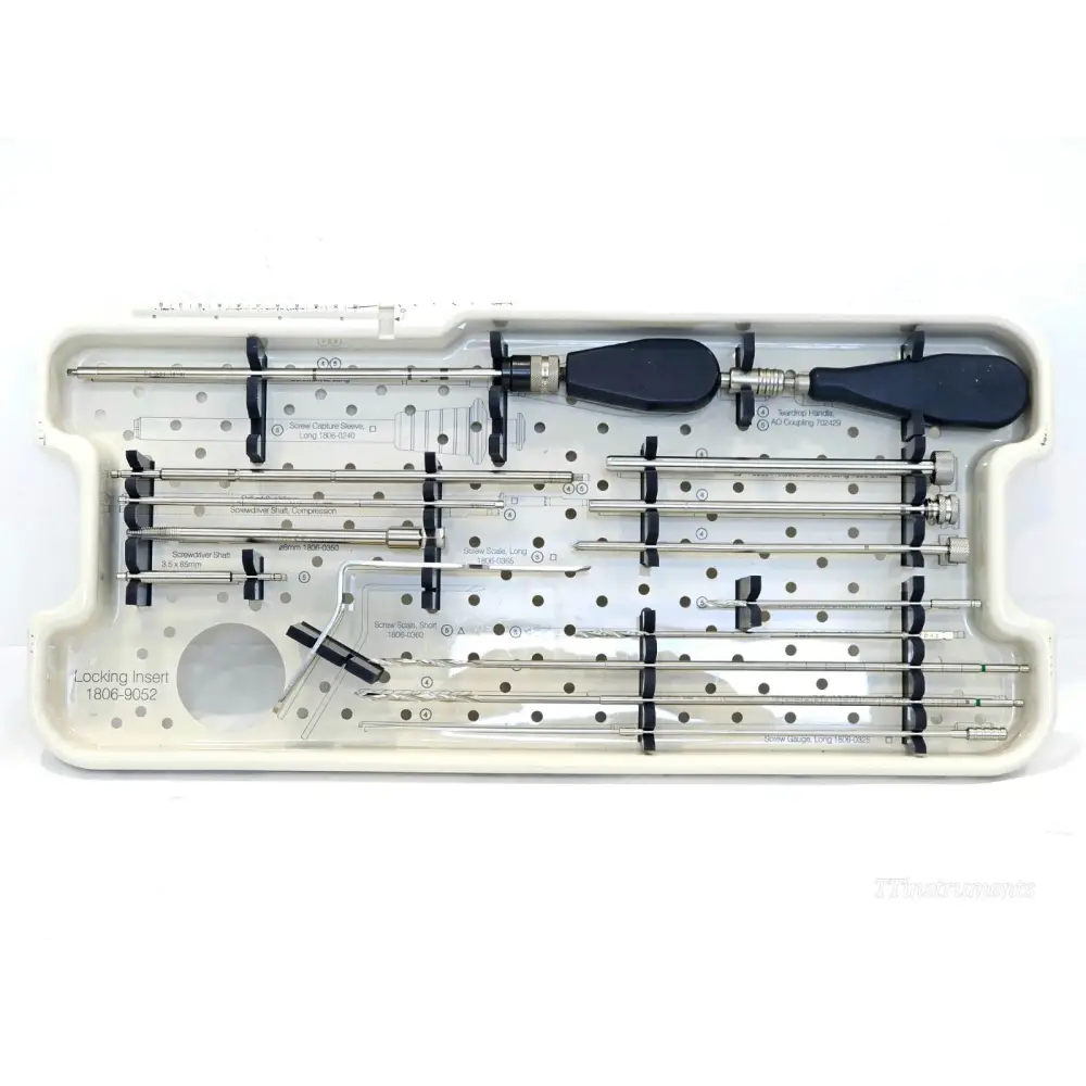 Stryker T2 Basic Long incomplete instrument set laid out showing all 11 included surgical instruments