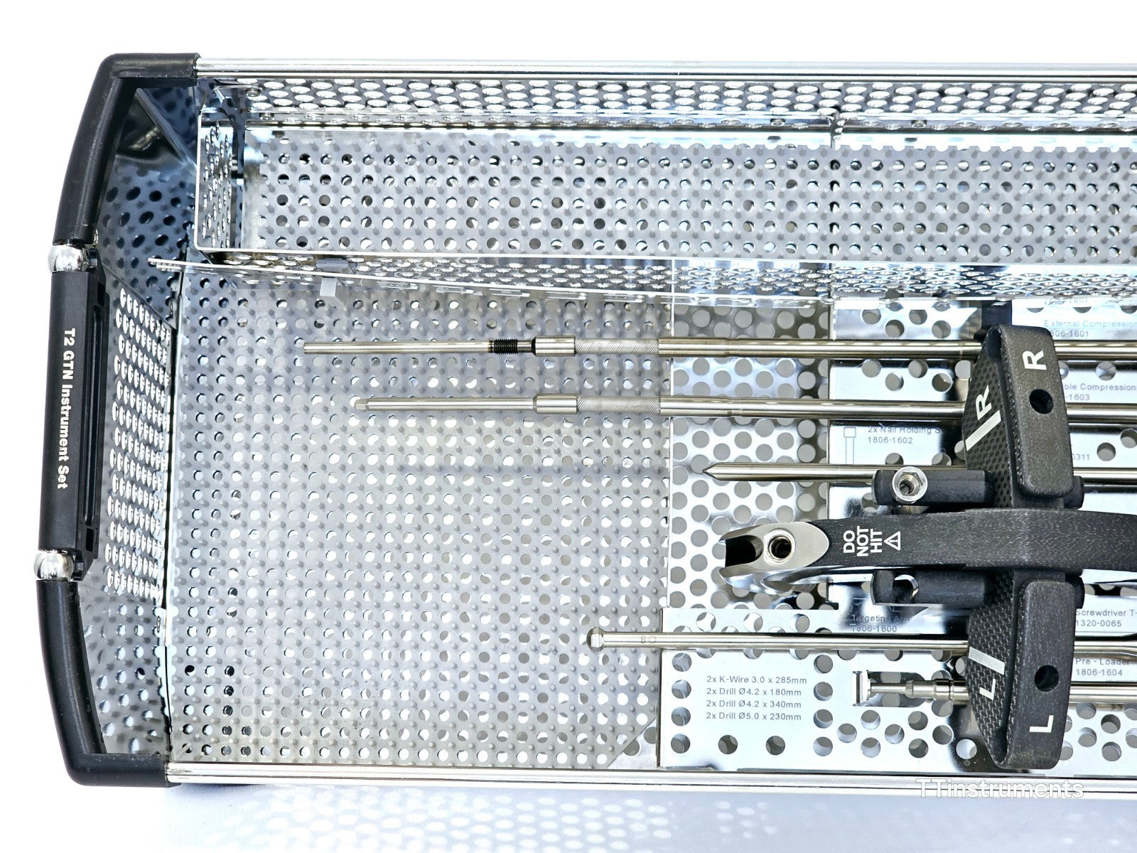Close-up detail of Stryker T2 GTN instrument set components showing sleeve markings and part numbers