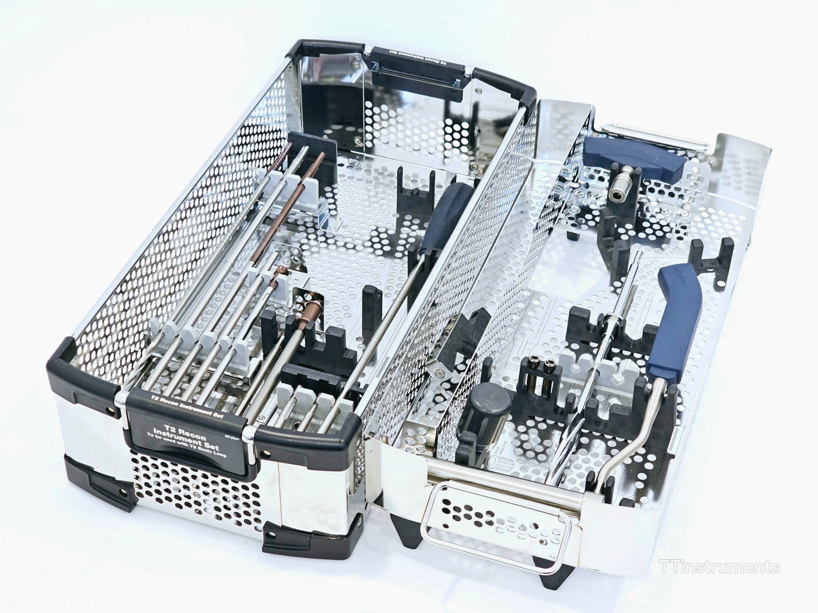 Stryker T2 Recon Instrument Set angled view showing both trays separated with labelled instrument layout inserts