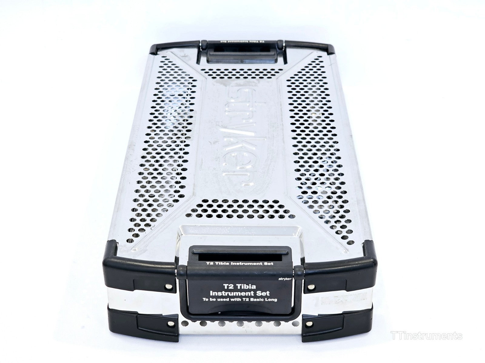 Stryker T2 Tibia Instrument Set closed tray front view showing label T2 Tibia Instrument Set for T2 Basic Long