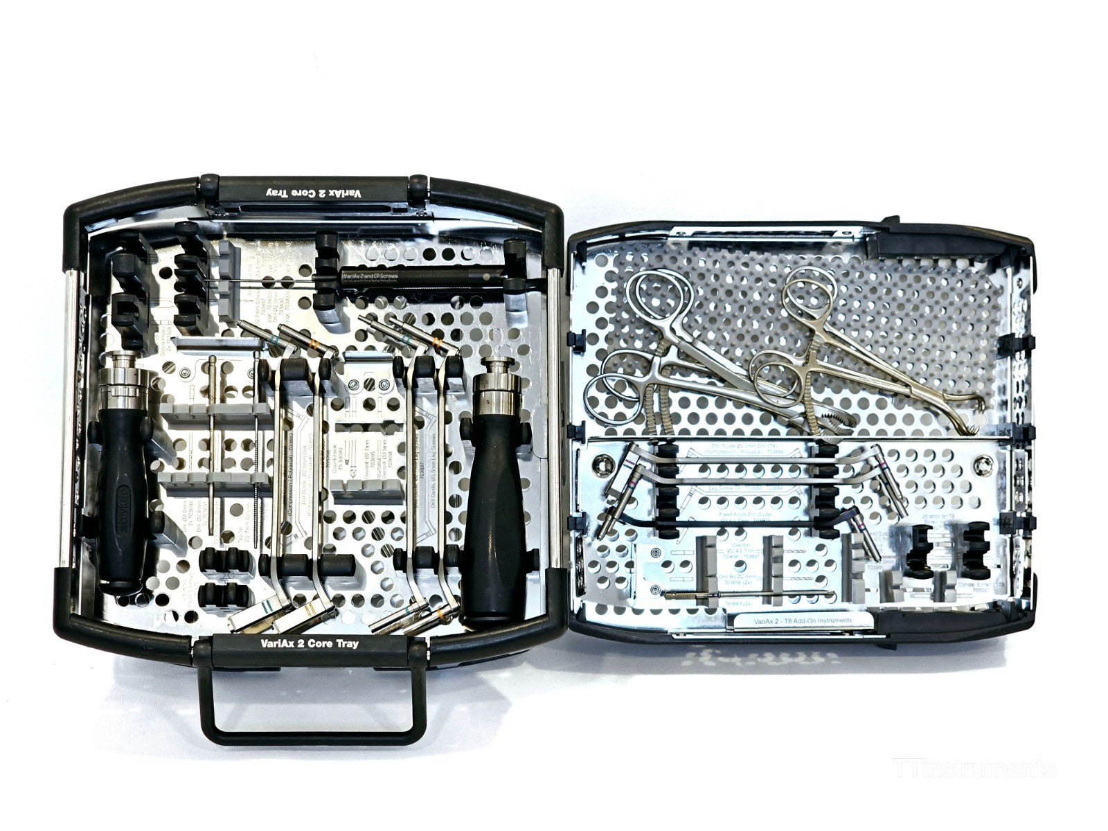 Stryker VariAx 2 T8 Add-On instrument tray with drill guides and screwdriver blade