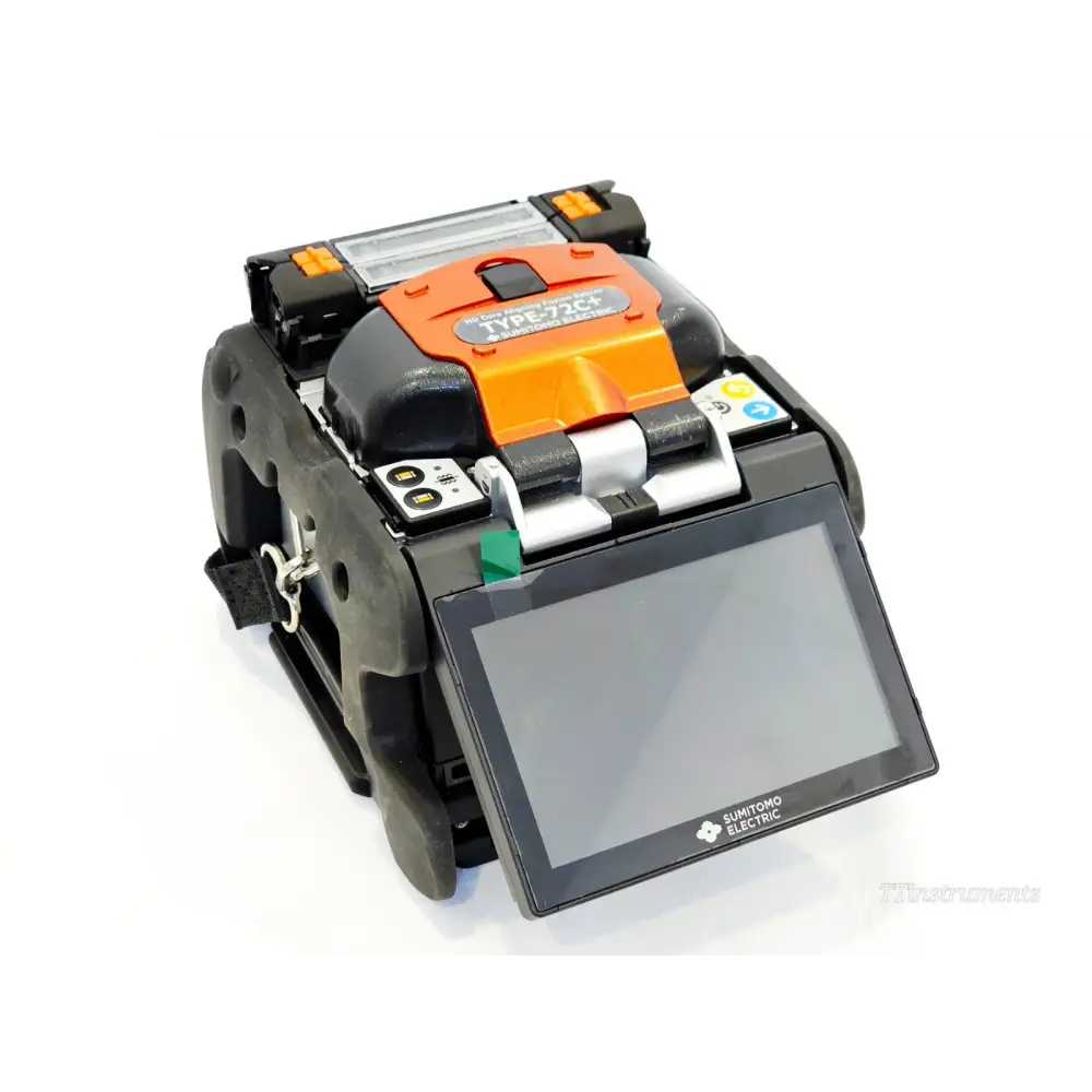 Sumitomo Type-72C+ fusion splicer open lid showing fibre alignment and arc chamber