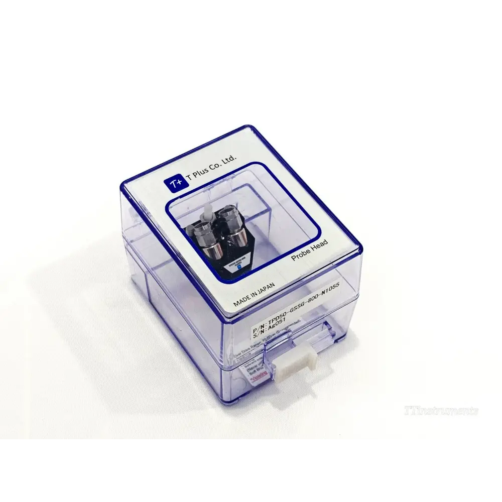 T Plus TPD50-GSSG-800-N1055 probe head in closed transparent plastic storage case, T Plus Co. Ltd. branding visible on lid